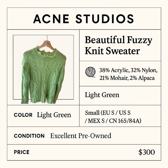 Acne Studios Green Mohair  Size: 170/84A (approx. S/M) Made in Italy - Picture 1 of 11